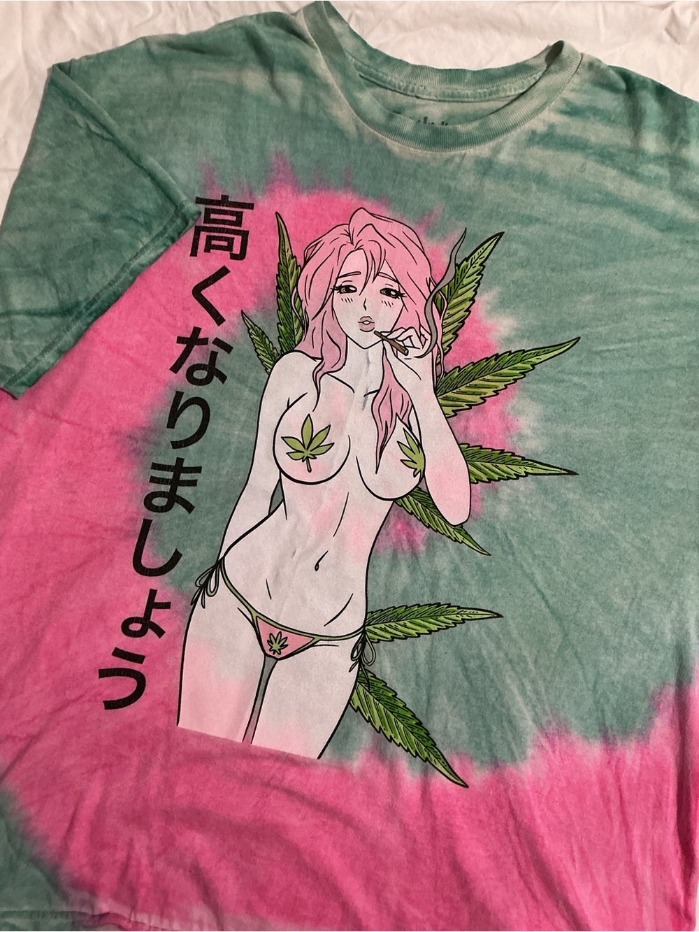 Spencer’s Tie-Dye Pink & Green Anime Weed Girl Graphic Size L